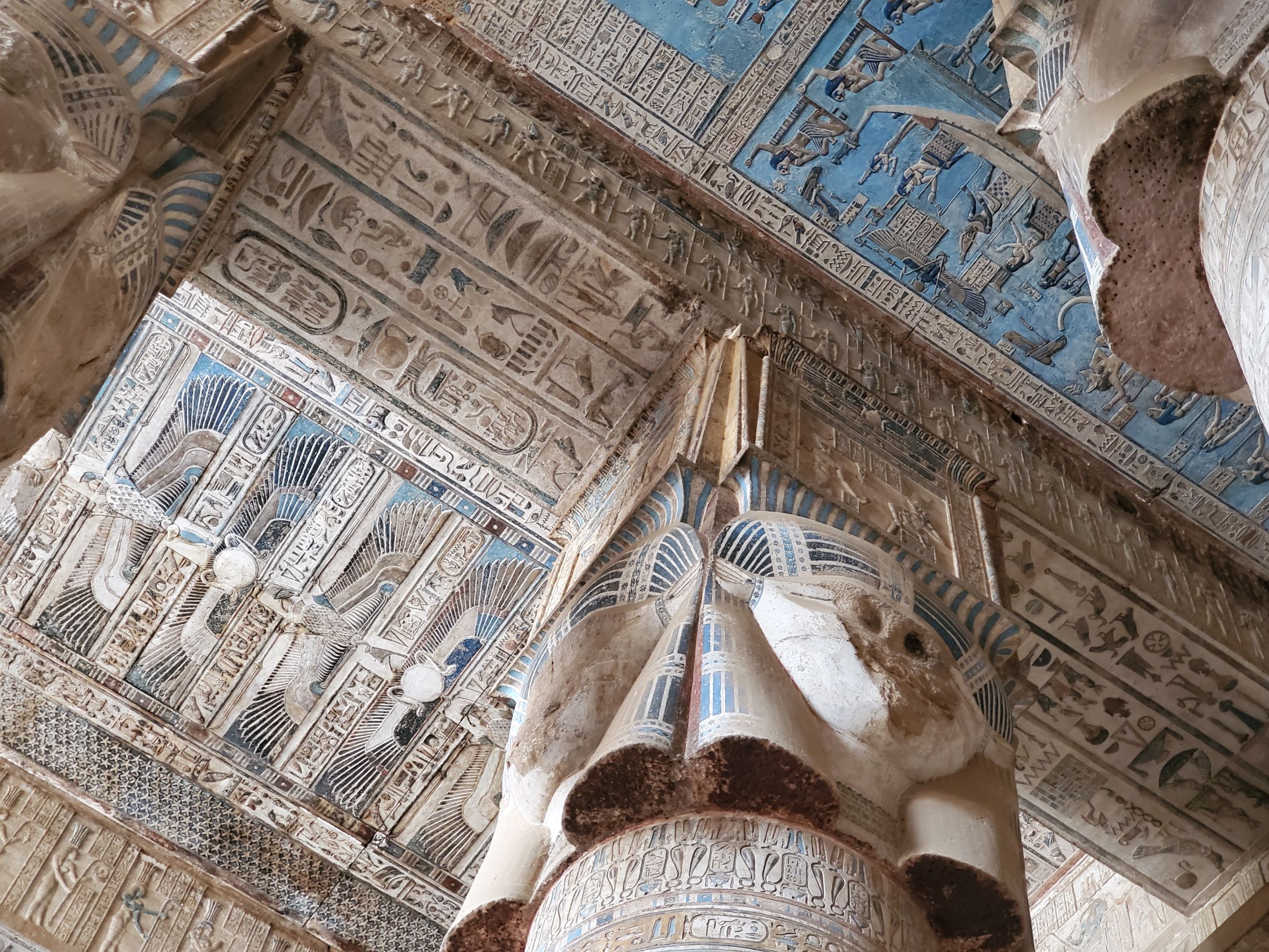 Beautifully decorated ceiling and column tops at Dendara Temple near Luxor, Egypt