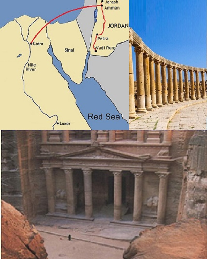 A map and pictures of Petra and its treasury and amphitheater.