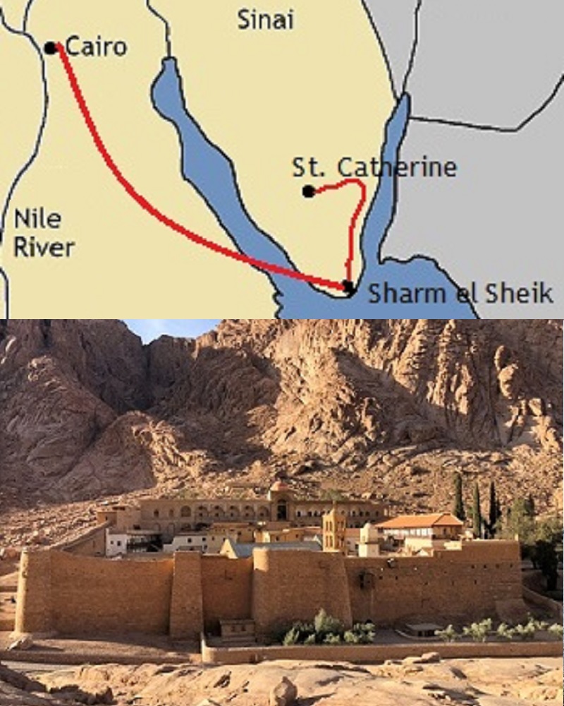 A map and picture of St Catherine's monastery in the Sinai of Egypt