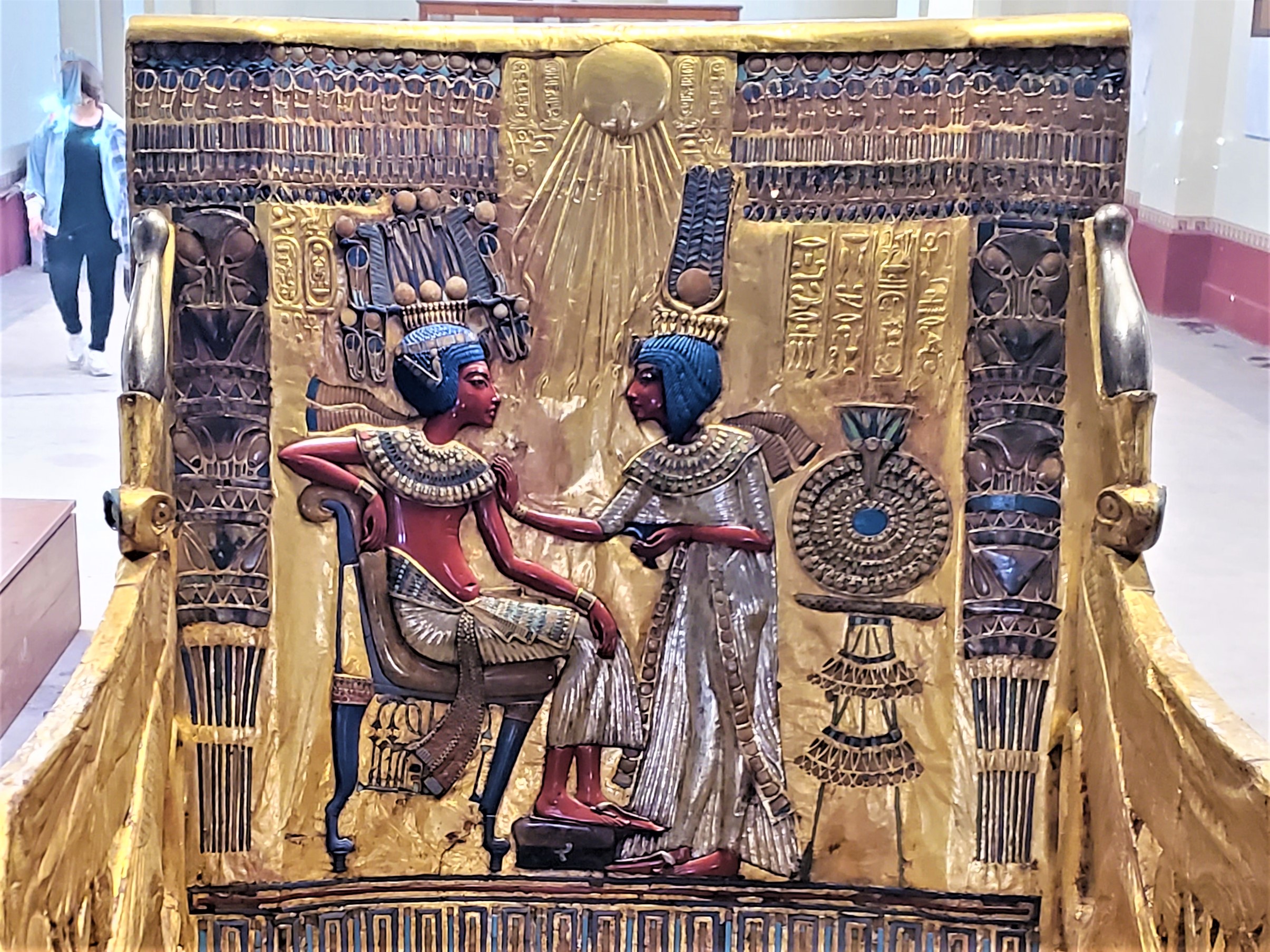 colorful back panel of King Tutankhamun's golden chair in the Egyptian Museum, Cairo